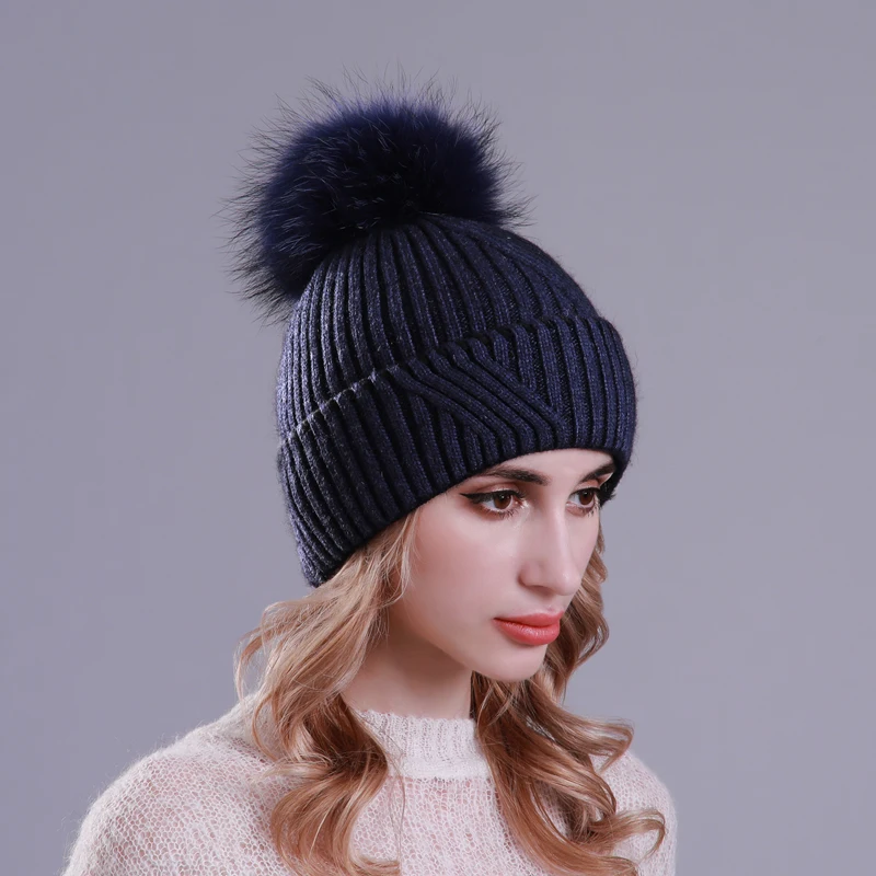 Женские шерстяные шапки с подошвой зимние теплые трикотажные настоящим помпон