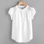 Женская ажурная блузка с круглым вырезом, однотонная Повседневная элегантная белая рубашка на пуговицах, с коротким рукавом-бабочкой, на лето