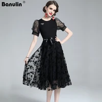 banulin high quality embroidered floral dress women puff sleeve mesh stitching knitted one piece lace up bow tulle mesh vestidos