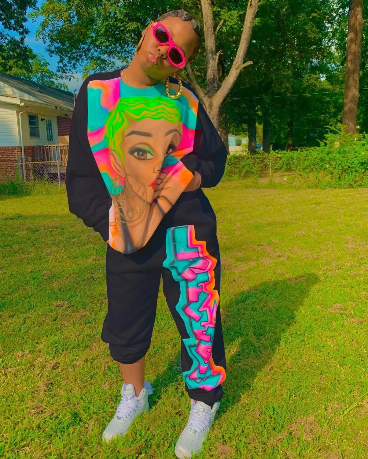 

Autumn new fashion cartoon print sports two piece leisure o-neck long T-shirt and trousers women's suit