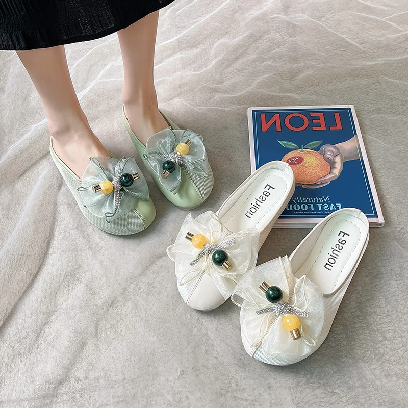 

Shoes Woman's Slippers Slides Cover Toe Butterfly-Knot 2021 Rubber Flat PU Rome Basic Butterfly-knot Shoes Woman 2021 Slippers F