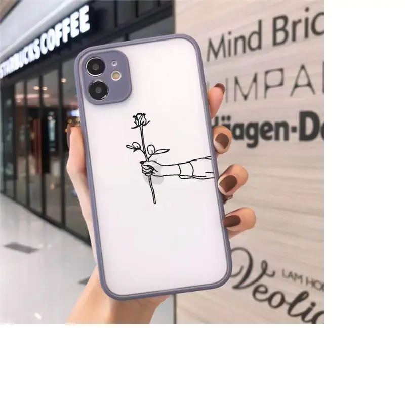 

Phone Case For iPhone 12 11 Mini Pro XR XS Max 7 8 Plus X Love yourself Flower Abstract Art Line Matte transparent Gray Cover