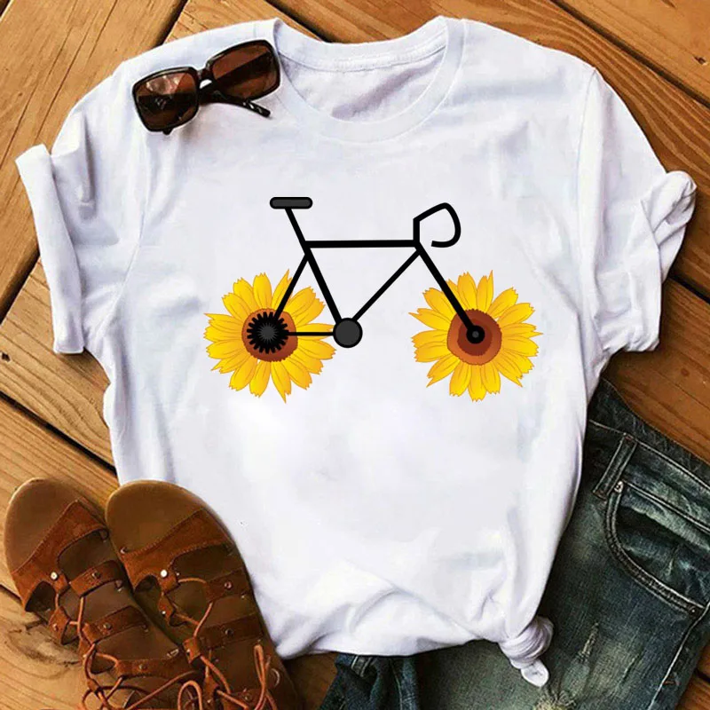 New Flower Bicycle Printed T Shirt Women Fashion Cute Graphic T Shirt Female Casual Short Sleeve Tops Tee Women Tshirt Clothes