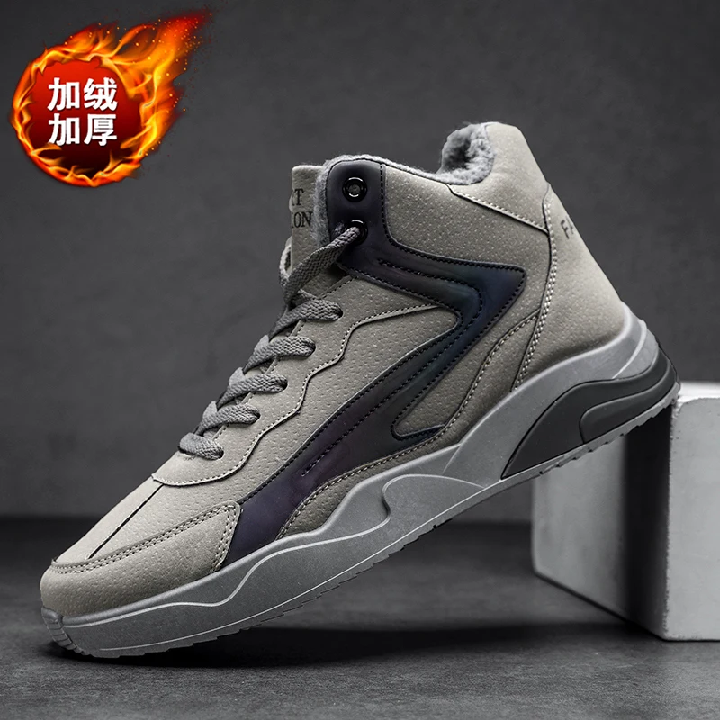 

Новинка 2022, зимние высокие мужские кроссовки, мужская повседневная обувь из искусственной кожи, мужская обувь с мехом, спортивная обувь для ...