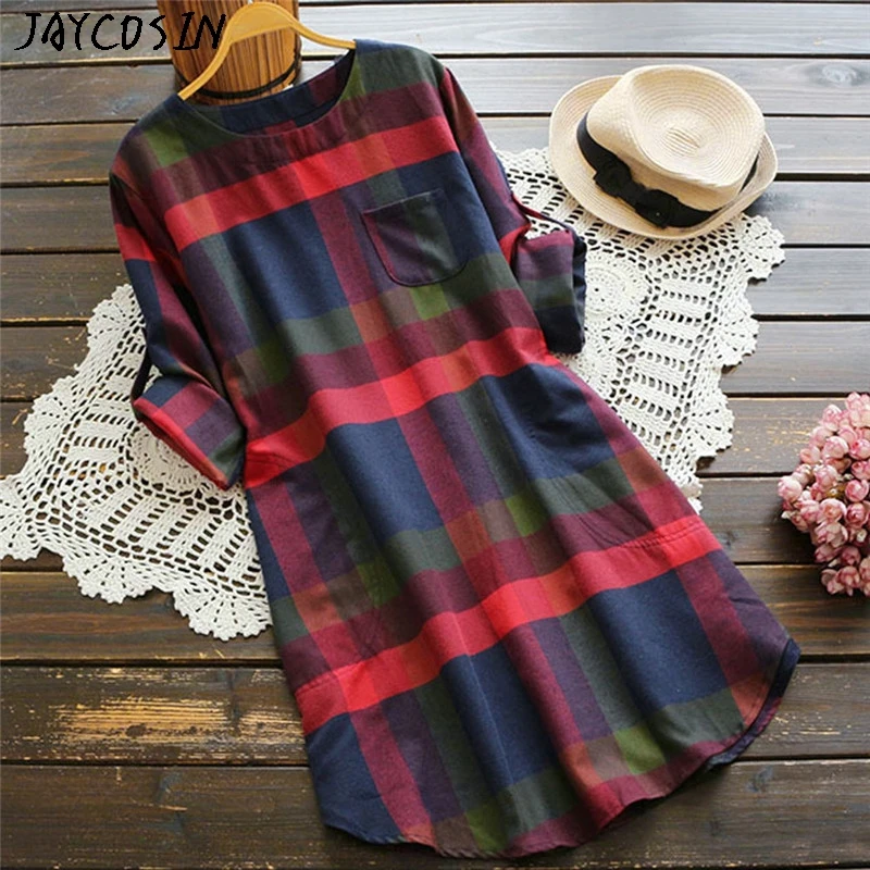 JAYCOSIN New 2019 Pretty Dresses Fashion Women Ladies Plaid Long Sleeve Loose Pocket Swing Vintage Dress Jurk Vestidos Drop 0823 | Женская