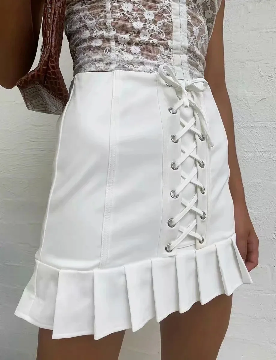 

2021 Summer New Lace up Slimming Skirt Preppy Style Lace-up Ruffle Hip Skirt