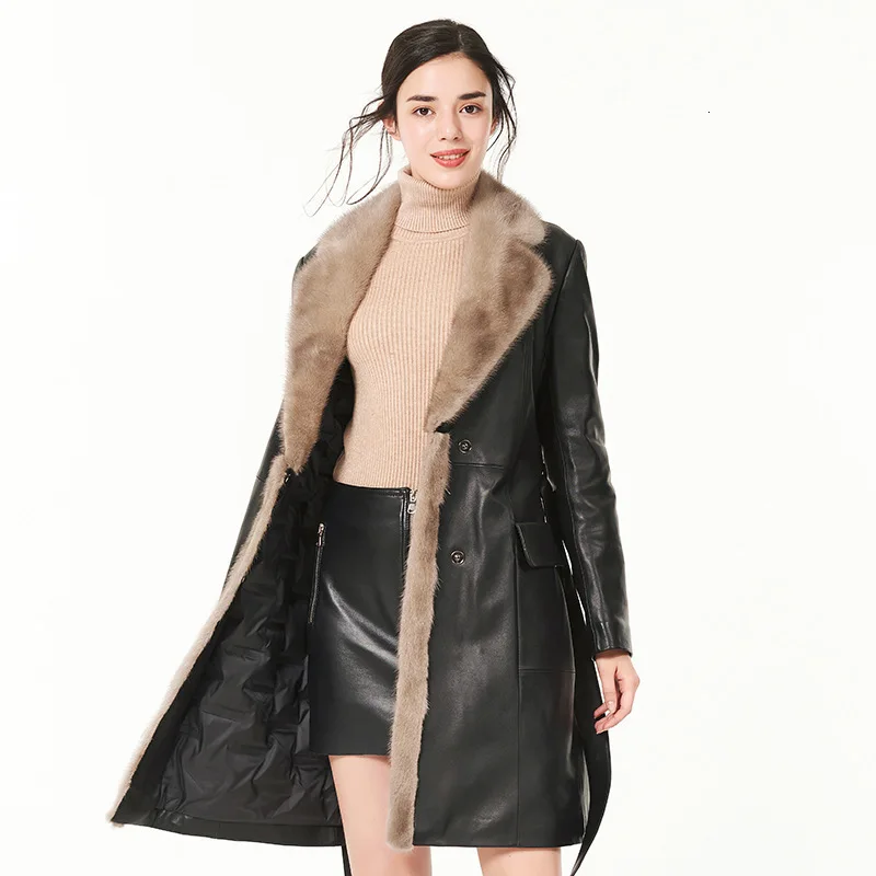 

Long Coats Women Winter Warm Snow Real Fur Collar Genuine Leather Jacket Sheepskin Overcoat Outerwear Down Parkas Plus Size XXXL