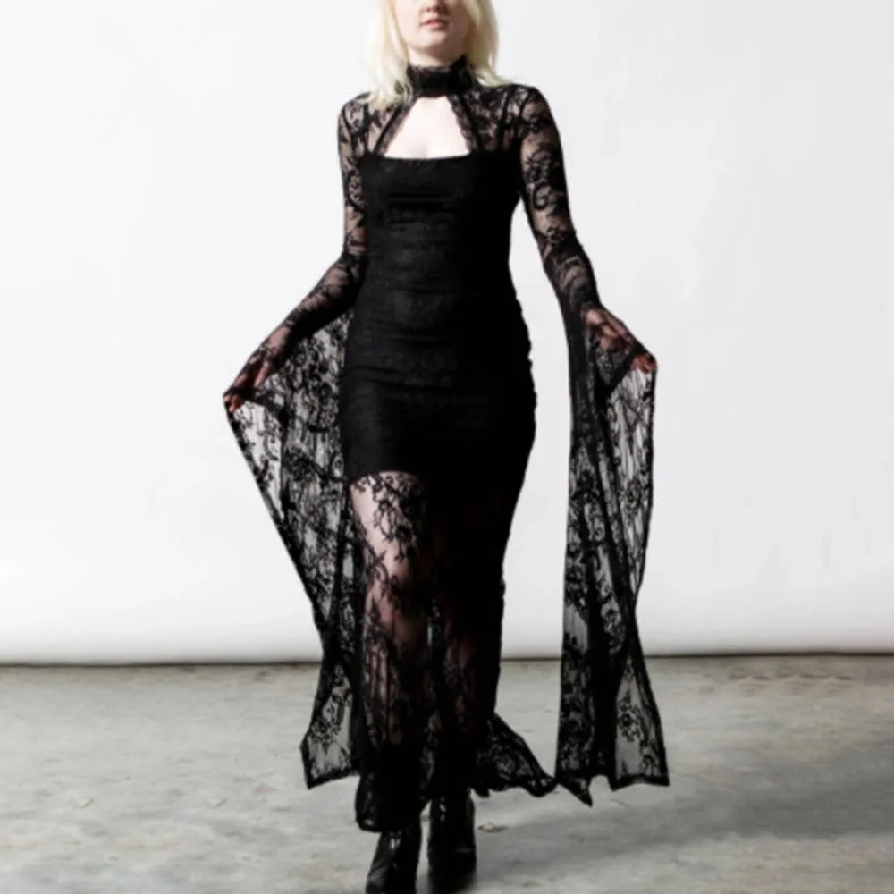 

Gothic Fashion Design Womens Dress Solid Color Lace Splicing Hollow Out Sexy Perspective Flared Sleeves Autumn 2021 Long Dress