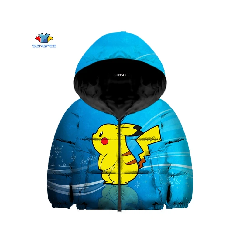 Детский пуховик с 3D принтом детектива Пикачу зимняя хлопковая куртка капюшоном