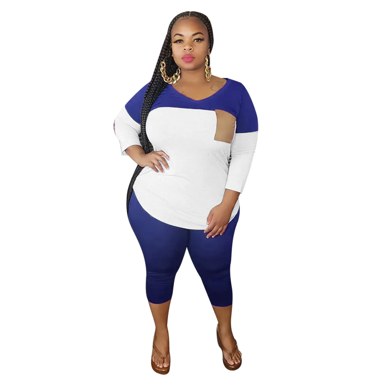 

Plus Size Two-Piece Casual Suit V-Neck Women Multi-Color Patchwork Nine-Quarter Sleeve T-Shirt Leggings Sportswear Running Suit