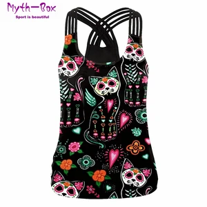 Летняя женская спортивная майка с 3D принтом кота и цветов, топы для йоги, жилет для бега, фитнеса, рубашки для йоги, Майки с перекрестными лямками для спортзала, футболки для активного отдыха