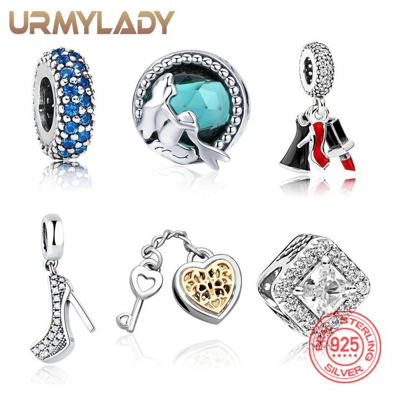 

URMYLADY 925 Sterling Silver Round Gemstone High Heels Heart Charm DIY Bead Bracelet Pendant For Women Wedding Party Jewelry