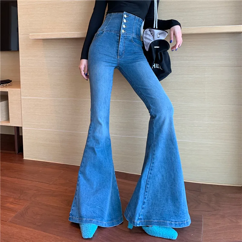 Осень Зима Винтаж деним длинные расклешенные брюки для женщин однобортный