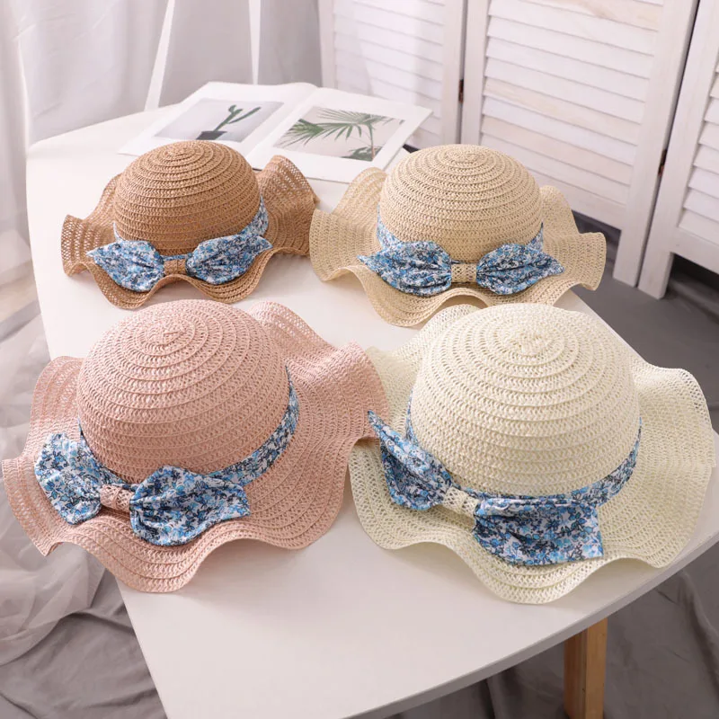 

Parent-Child Summer Thin Sunhat Pure Color Floral Bow Sunscreen Breathable Girl Boy Baby Beach Caps For Women Men Kid Straw Hats