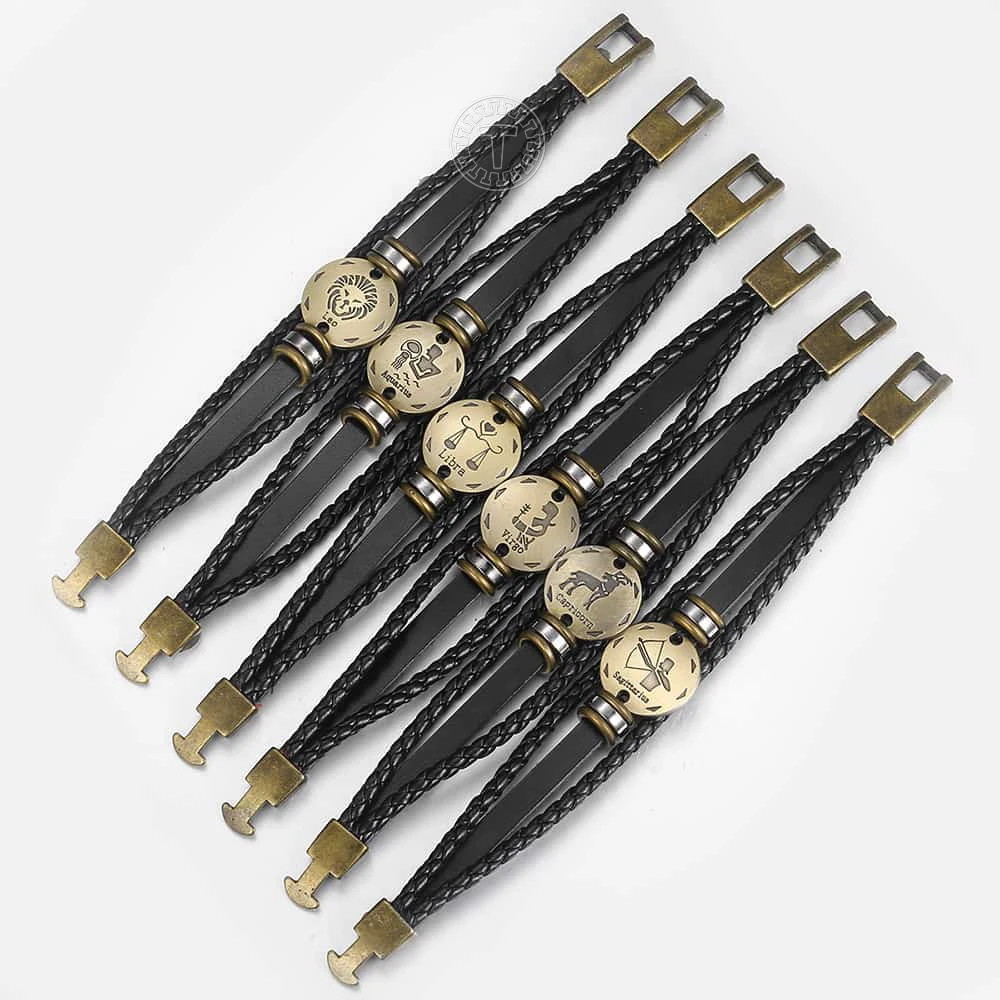 Мужской кожаный браслет 12 гороскопов в винтажном стиле ретро | Украшения и