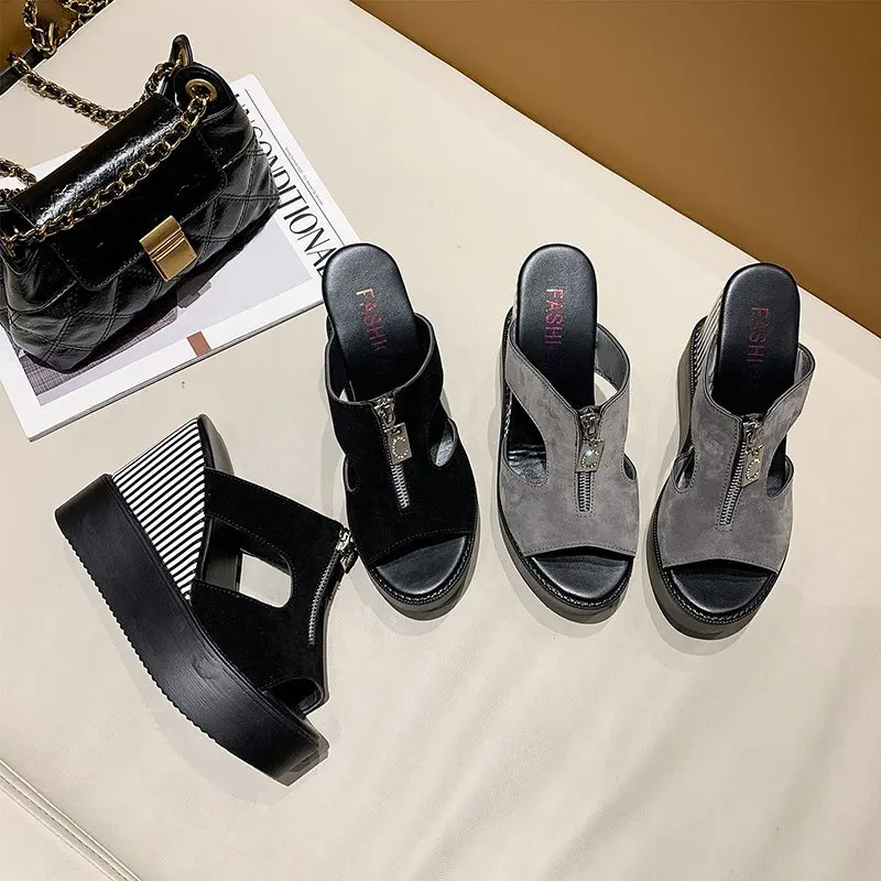 

2021 Summer Women Slippers Woman Wedges Faltform Fish Mouth Shoes Female Cool Slippers High Heel Thick Soled Muffins Slides Shoe