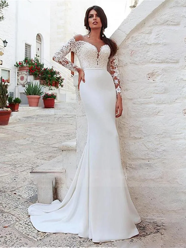 Luxury Sexy Deep V-Neck Wedding Dress 2021 Mermaid Long Sleeves Backless Sweep Train Hot Sale Satin Vestidos De Noiva For Women | Свадьбы и