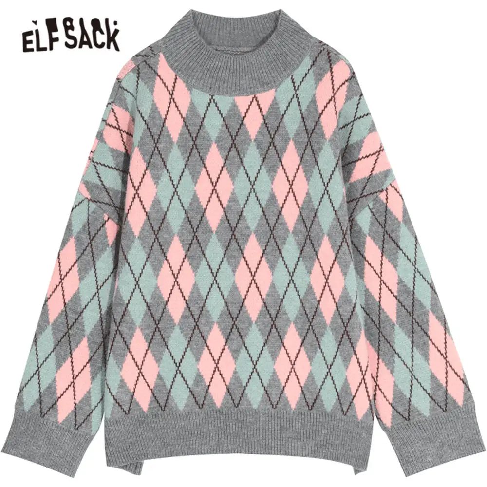 ELFSACK Green Argyle Print New Year Preppy Knit Pullover Women Sweaters 2020 Spring Long Sleeve Korean Casual Ladies Daily Top | Женская