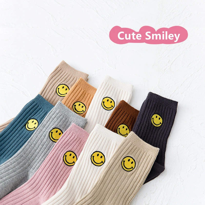 5 Pairs/Lot 23 New Children's Socks Cute Cartoon Yellow Smiley Kids Socks Soft Cotton Autumn Girls Tube Socks Boys Sports Socks