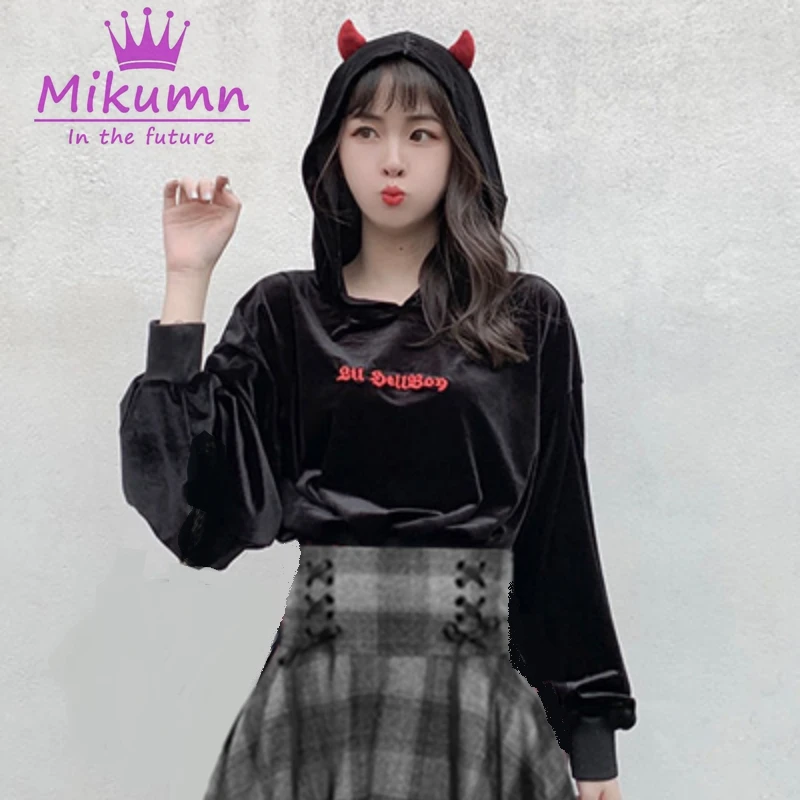 Harajuku дьявол в готическом стиле Толстовка Осенняя Женская толстовка с длинным