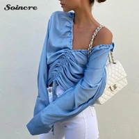 satin shirts women 2021 fall french drape blue v neck flared long sleeve casual shirt office lady drawstring lace up women top