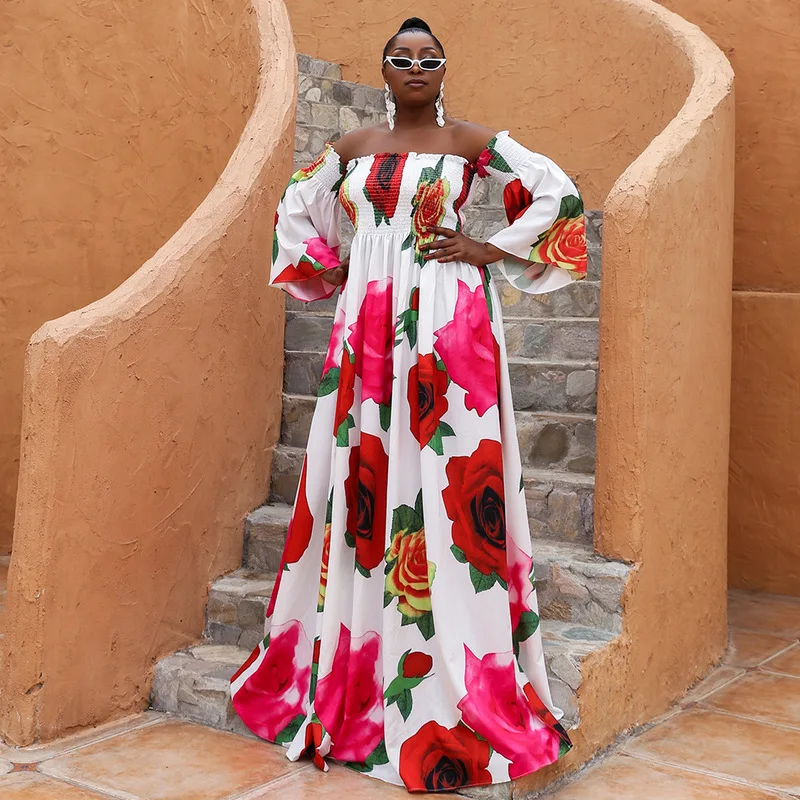 

African Dashiki Print Dresses For Women Sexy Strapless Bohemian Long Dress Elegant Kaftan Robes Femme Boho Floral Party Gowns