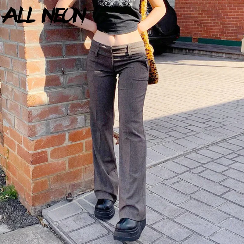 

ALLNeon Indie Aesthetics Low Waist Brown Pants Y2K Streetwear Vintage Slim Flare Pants 90s Fashion Outfits Casual Long Trousers