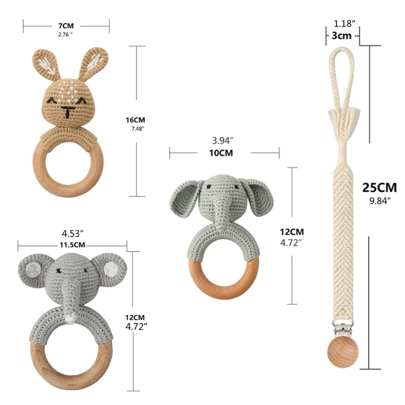 

3Pcs/set Newborn Baby Teethes Cute Cartoon Animals Pendant Wooden Rattles with Pacifier Clips Chain Crochet Braided Nurse Gifts