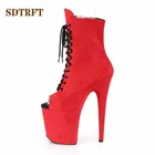 Женские ботильоны SDTRFT на тонком каблуке 20 см, привлекательные Фетиш-ботинки на платформе, женская обувь SM, женские праздвечерние чные красные туфли из флока на шнуровке