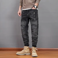 american street style fashion men jeans retro black gray elastic slim fit spliced designer biker jeans men hip hop denim pants