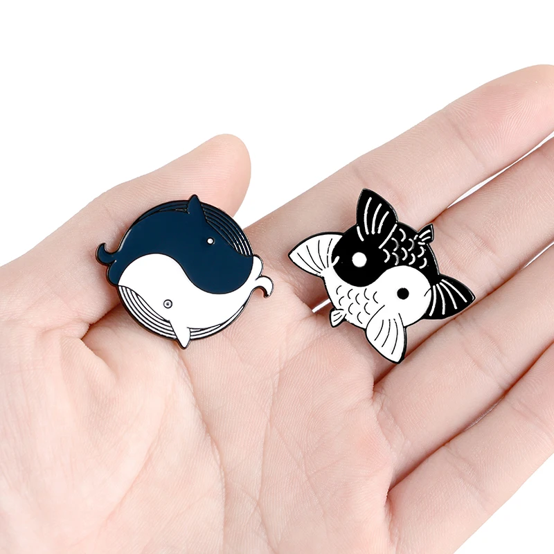 Yin Yang Fish Pins Black White Two Goldfish Whales Round Brooches Badges Animal Jewelry Ocean Lucky Lapel | Украшения и