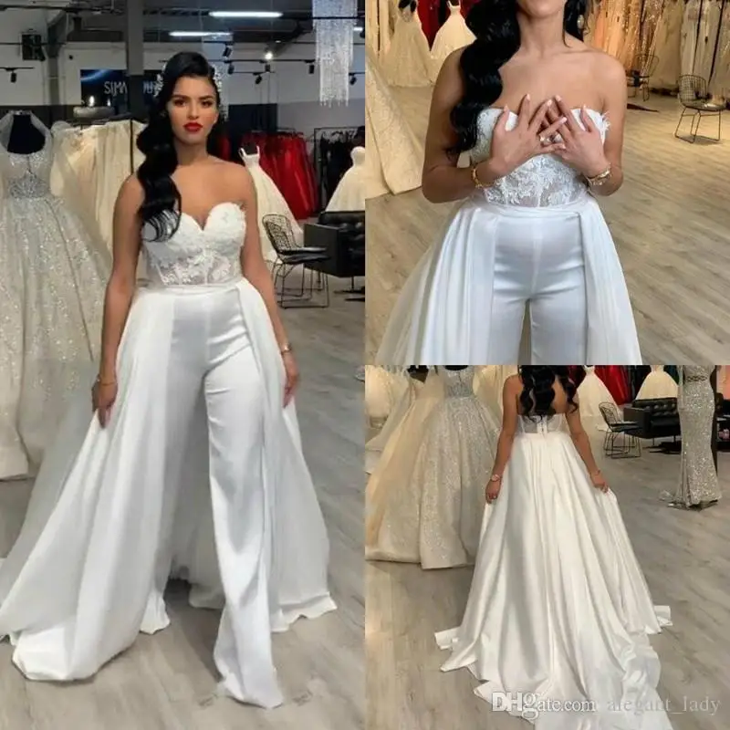 

Lace Stain Women Wedding Jumpsuit with Removable Skirt 2021 Strapless Abiye Bride Wedding Gowns with Pant Suit Deane Lita