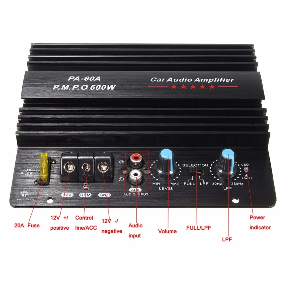 

600W PA-60A 12V Mono High Power Car Audio Amplifier Fashion Wire Drawing Powerful Bass Subwoofers Amplifier With 20A Fuse