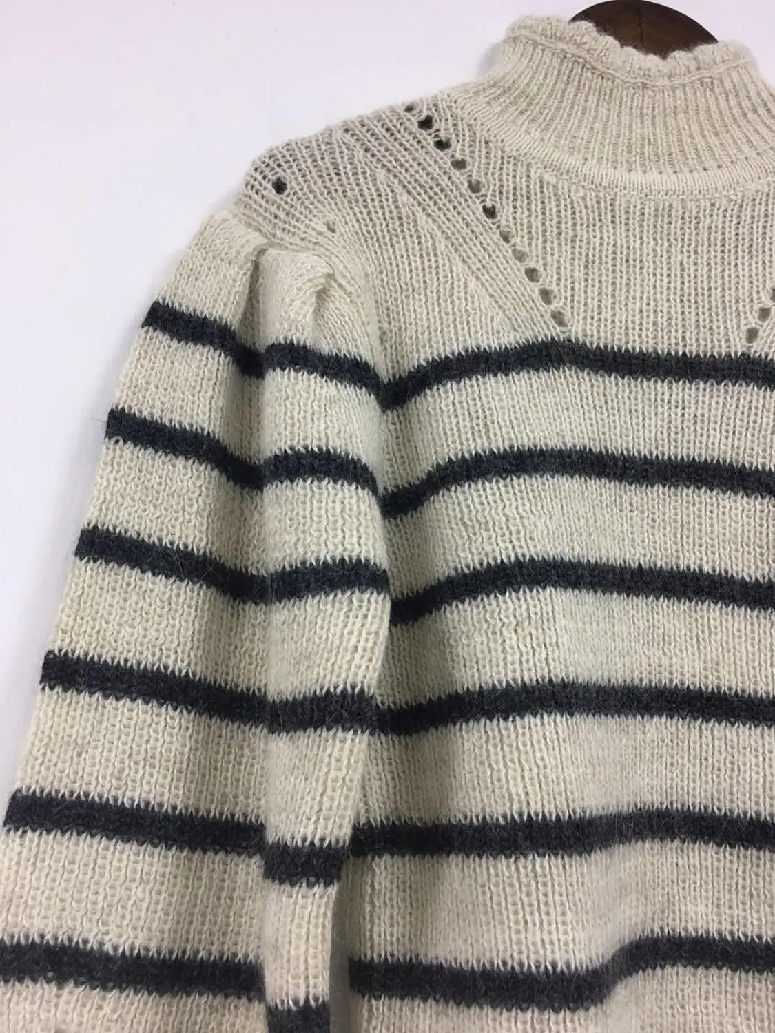 ESHINES High Quality Autumn Women Sweater Casual Turtleneck Puff Sleeve Hollow Out Striped Pullover Knitting | Женская одежда