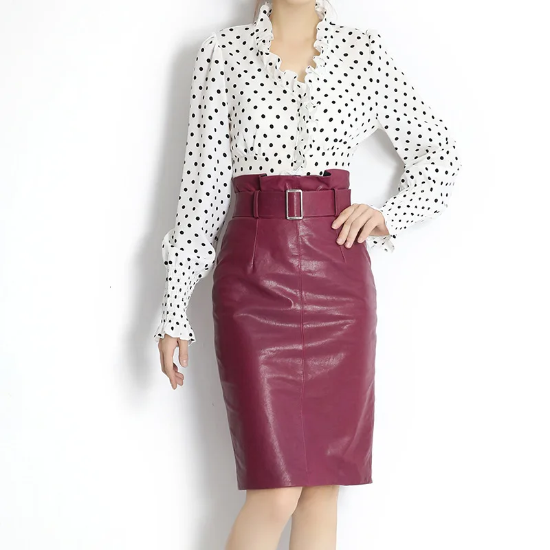 Womens Genuine Leather Skirt High Waist Office Ladies Elegant Designs Work Formal Skirts Female Slim Bodycon Pencil Skirts Belts