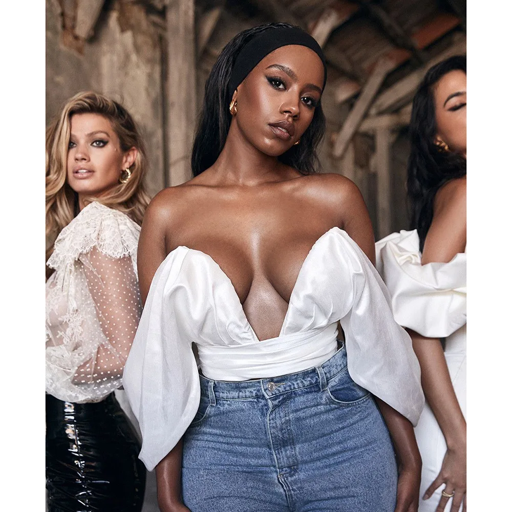 Сексуальные Белые блузы с открытыми плечами Mujer de Moda 2019 глубоким v образным