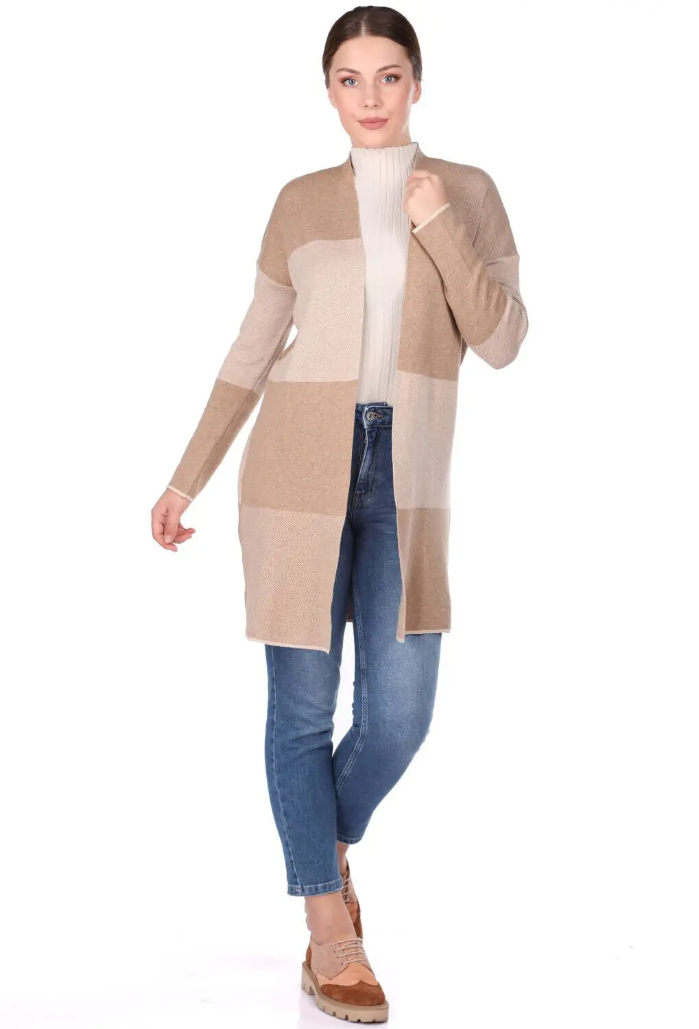 

Checkered Open-Front Womens Knitwear Cardigan