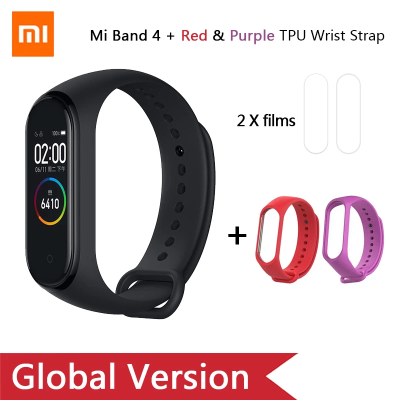 Add Purple Red strap Глобальная версия, Xiaomi mi-браслет 4 mi Band 4, музыкальный цветной экран, фитнес-частота сердечных сокращений, Bluetooth 5,0, умные часы, Russina - Цвет: Add Purple Red strap