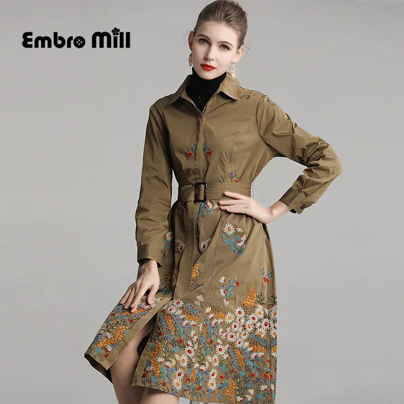 Осенняя Высококачественная ветровка Винтажный стиль вышивка цветок однобортный