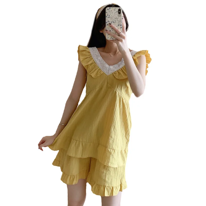 With Chest Pad Cotton Women's Pajamas Sets Summer Lace Nightwear Solid Color Sling Sweet Princess Home Suit Female Sleepwear