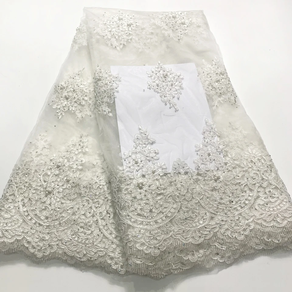 Off White African Lace Fabrics 2021 High Quality Stones French Lace Fabrics Nigerian Tulle Lace Fabrics For Wedding Dress M3342