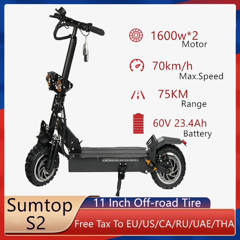 

2020 Sumtop S2 11 Inch Off-road Dual Motor Electric Scooter 60V 3200W Strong Powerful Kick Scooter for Adults 70km/h Max Speed