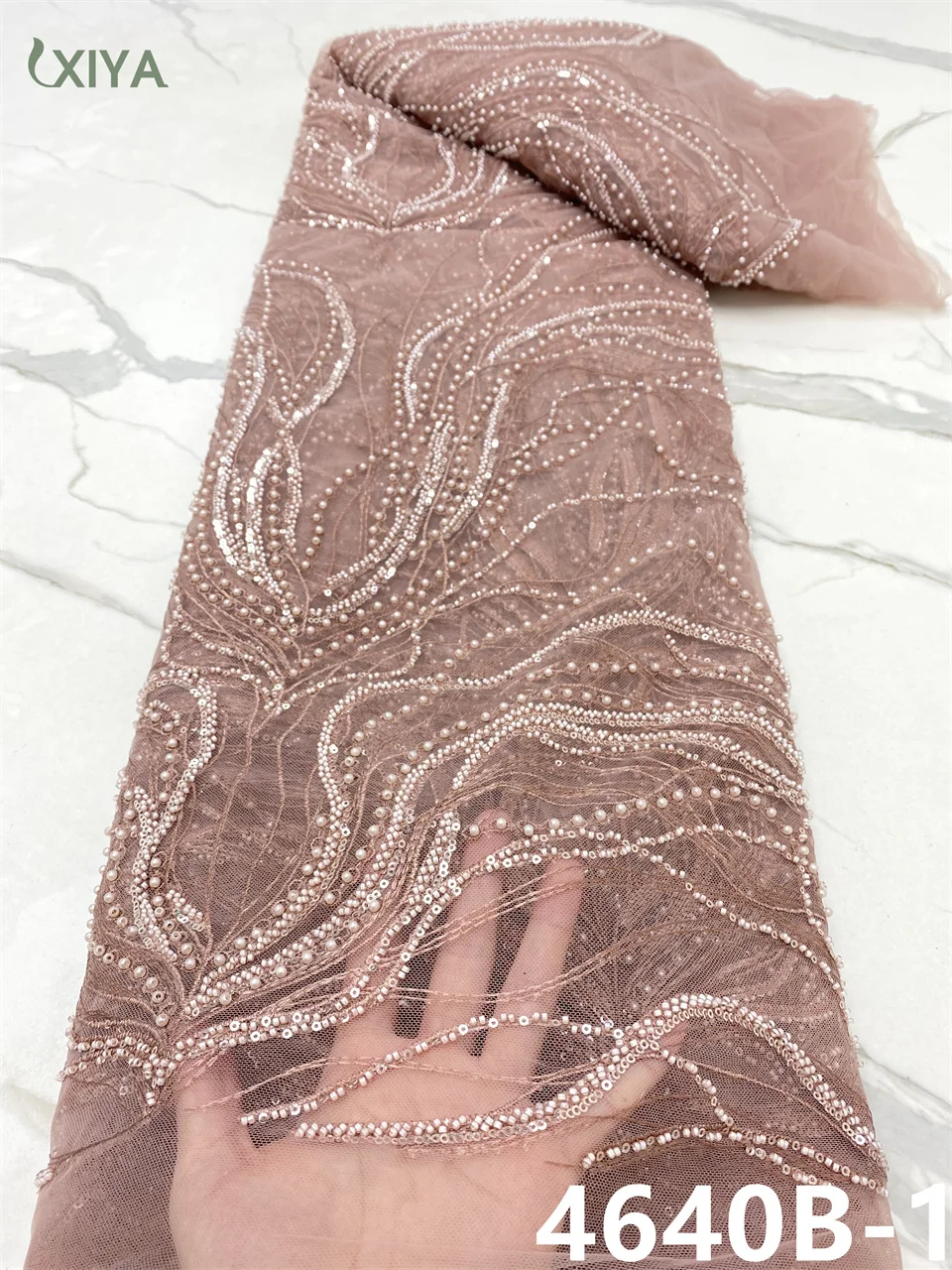 

Beautiful Handmade Beads Lace Fabric French Tulle Lace Fabric High Quality African Lace Fabrics for Party Wedding APW4640B