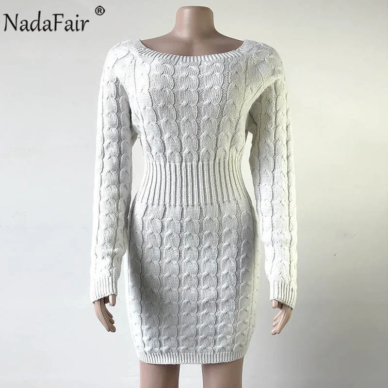 Nadafair теплый вязаный свитер платье для женщин Vestidos розовый черный облегающее мини