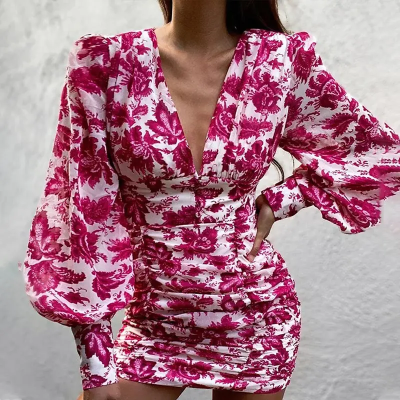 

Summer Elegant Female Floral Print Bodycon Party Dress Long Lantern Sleeve Ruched Dress Sexy Deep V Neck