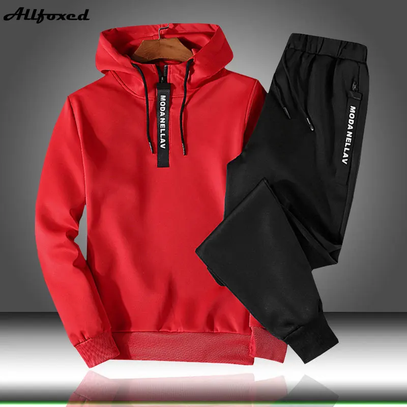 

Male Casual Tracksuit Patchwork Men's Sportswear Sets Three Colors Hooded Sweatshirts 2021 Pullover Two Piece Suit Male Clothing