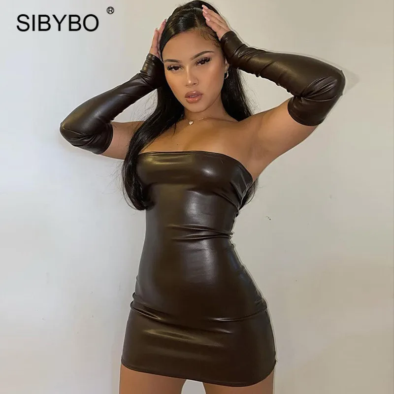 

Женское платье с открытыми плечами Sibybo, красные вечерние платья из искусственной кожи с длинным рукавом на осень 2021, вечерние платья на Хэлл...
