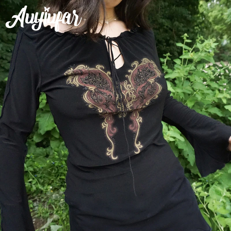 

Auyiufar мини-платье с принтом бабочек Феи гранж с расклешенным рукавом оборки отделка на шнуровке ретро облегающие платья Elfcore Y2k одежда