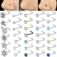 20g zircon nose studs stainless steel nose ring crystal flower nostril jewelry women heart nose studs crystal piercing nose stud