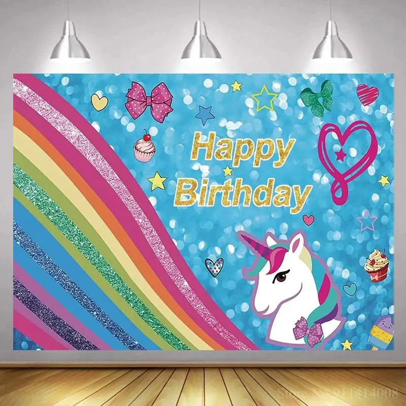 

Shiny Rainbow Sequins Blue Light Bokeh Kids Backdrops Happy Birthday Unicorn Candy Party Dessert Table Decor Background Vinyl